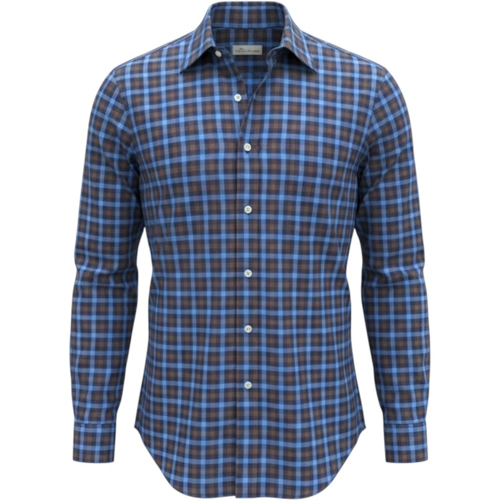 Peter Millar Mens L Blue Brown Gingham 100% Cotton Button Up Shirt Fall Classic